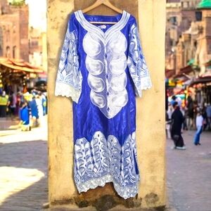 Elaborate Blue and White Kaftan Dress Lace and Rhinestone 4X 53 in length